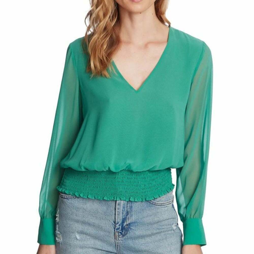 1.State Smocked Waist V Neck Blouse Top Green Size M